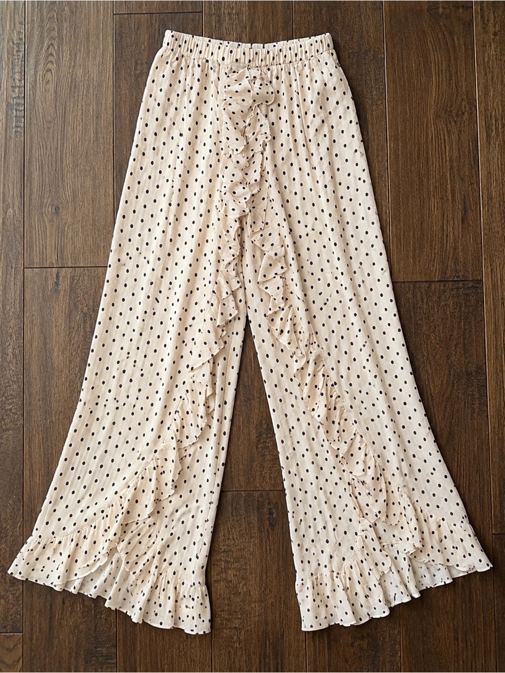 Free the Roses Polka Dot Ruffle Wide Leg Pants NWT Cream Black Sz S & M